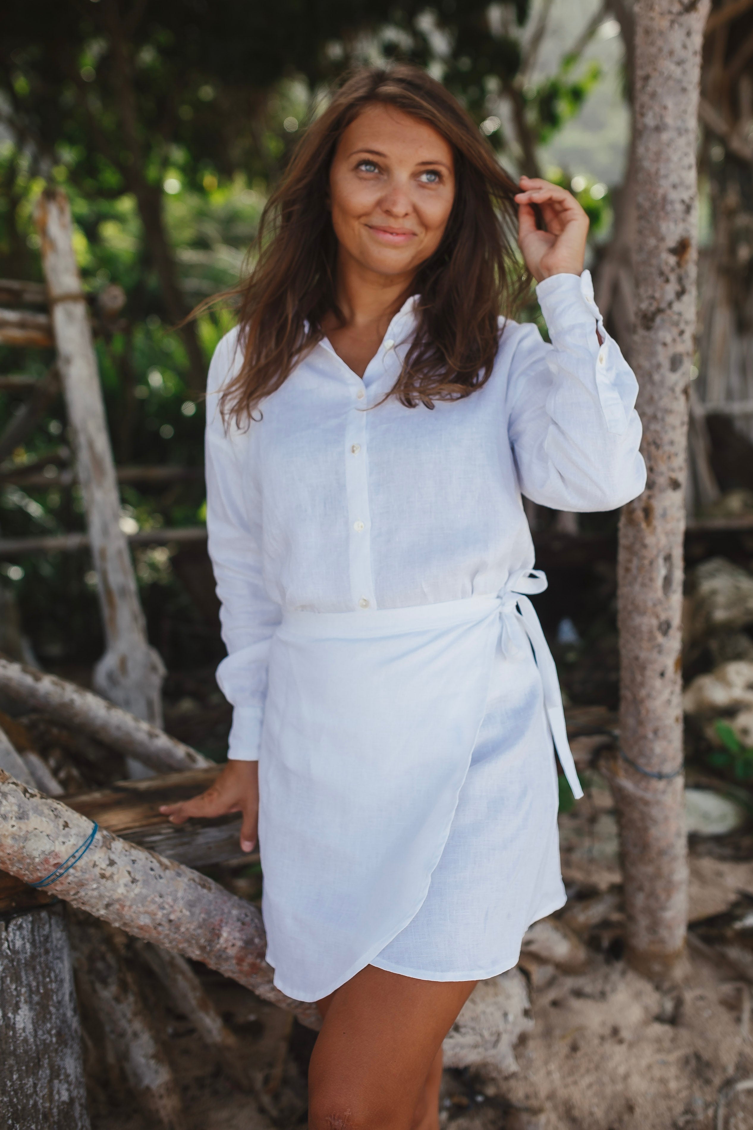 White Linen Shirt and Skirt Set