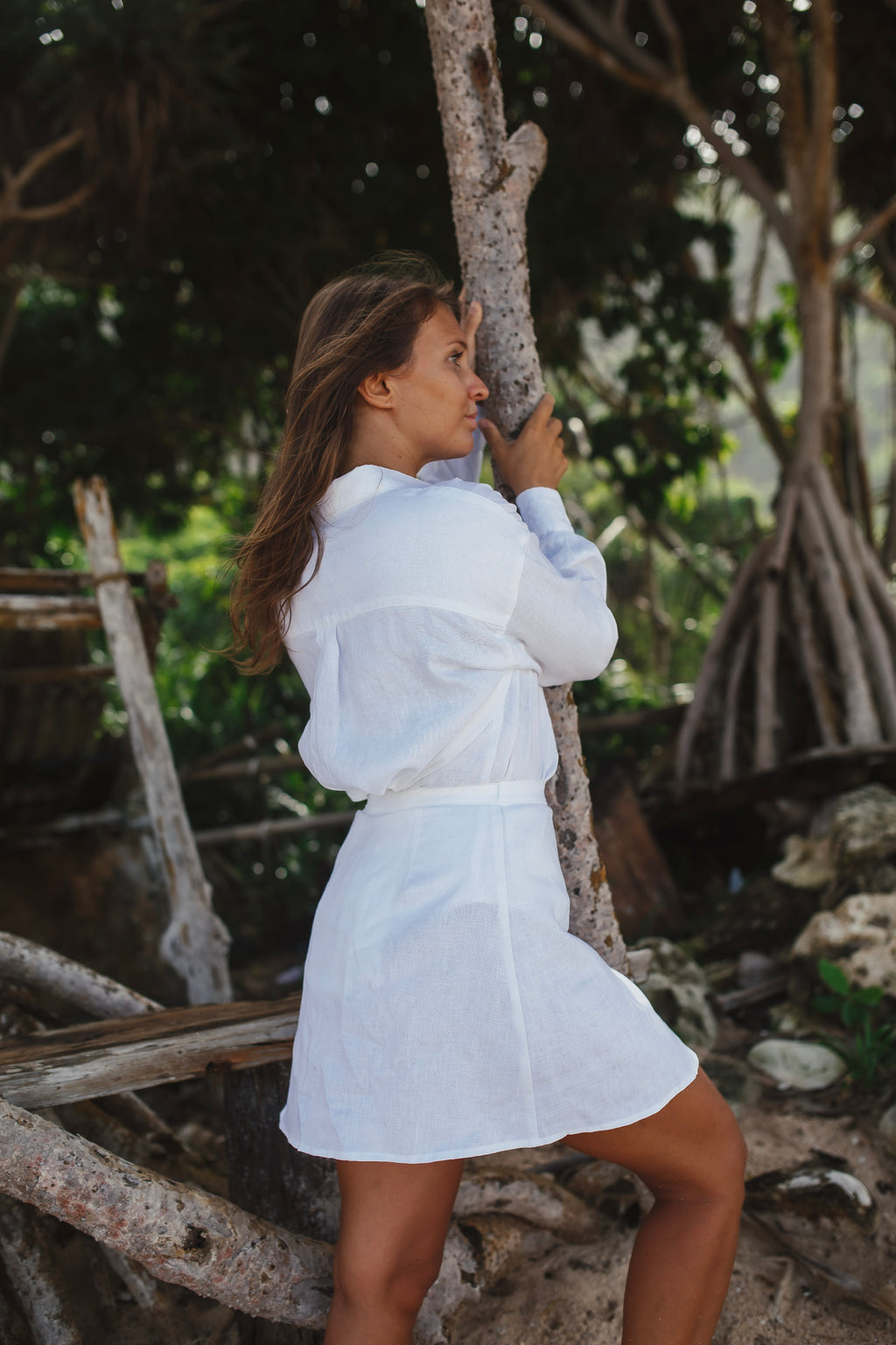 White Linen Shirt and Skirt Set