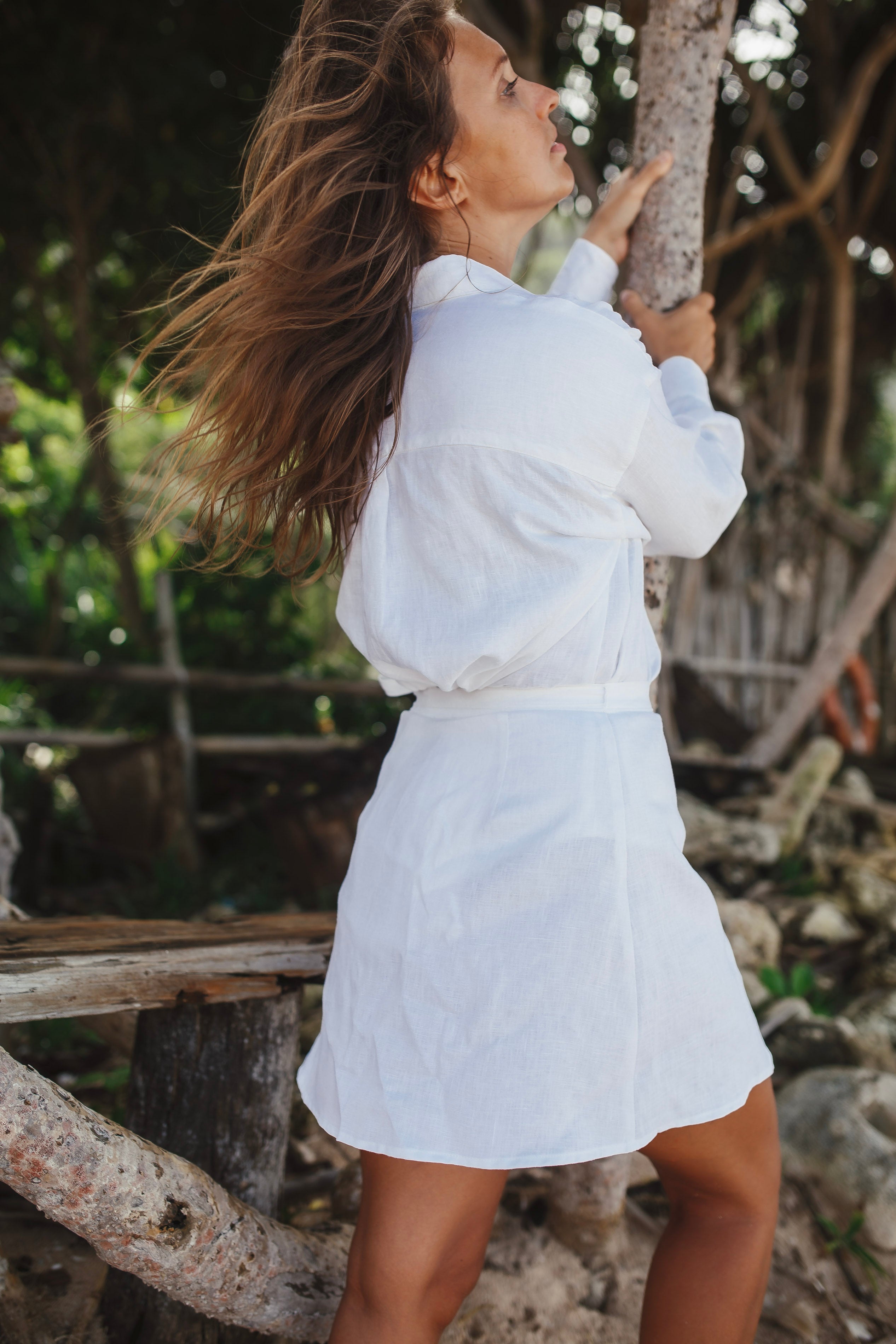 White Linen Shirt and Skirt Set