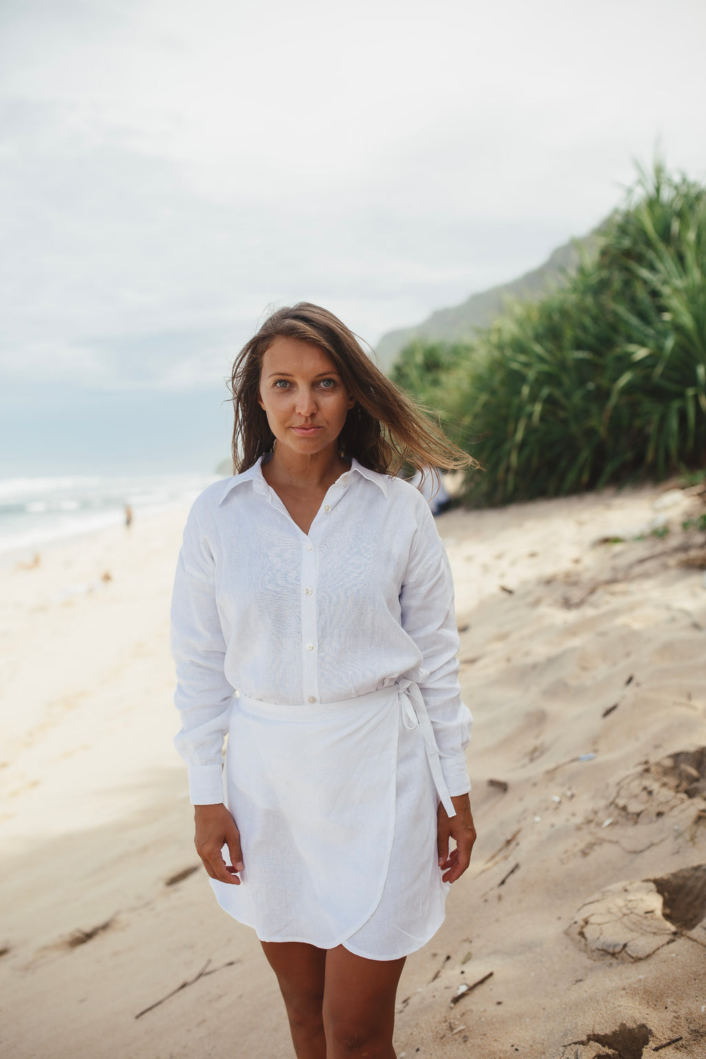 White Linen Shirt and Skirt Set