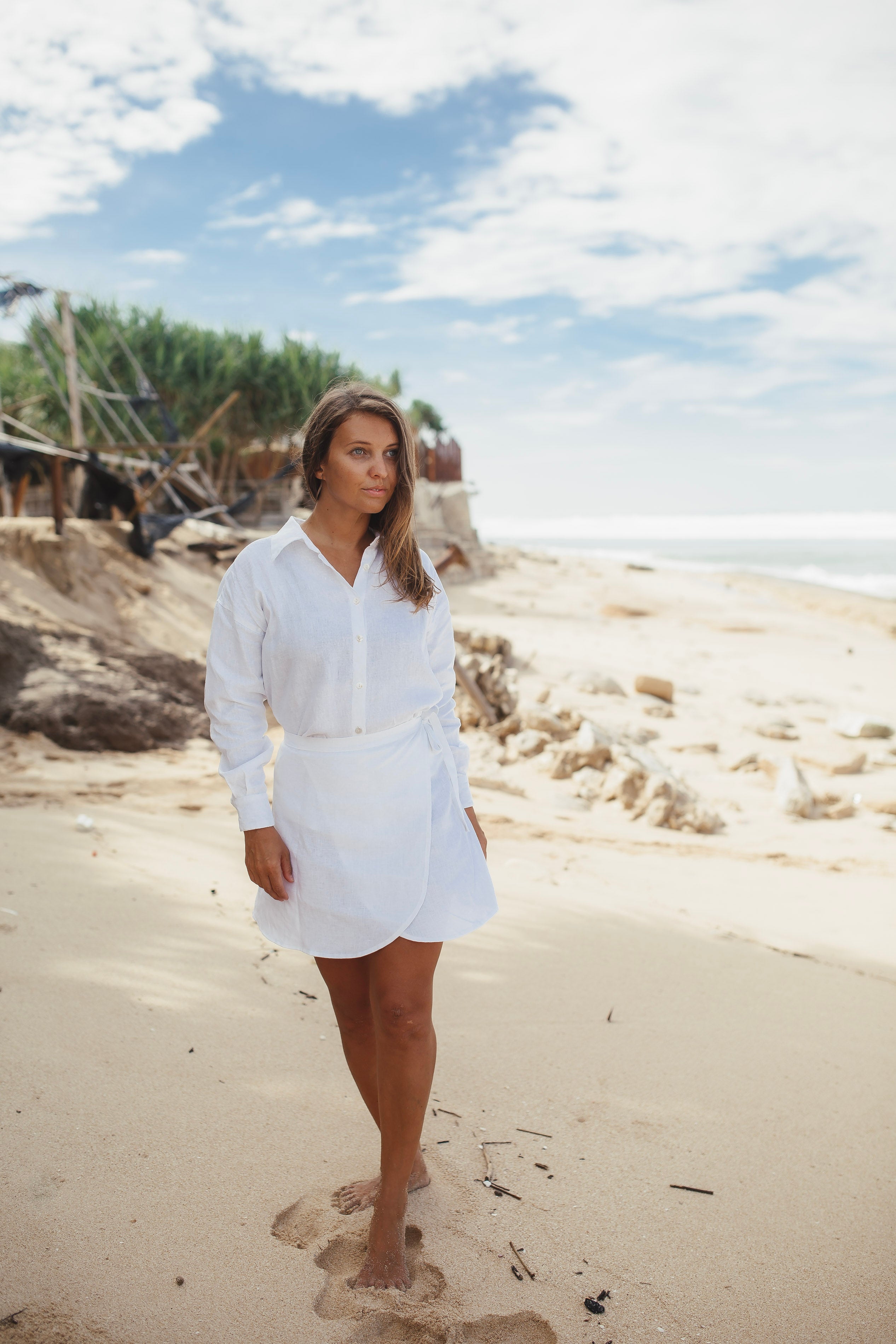 White Linen Shirt and Skirt Set