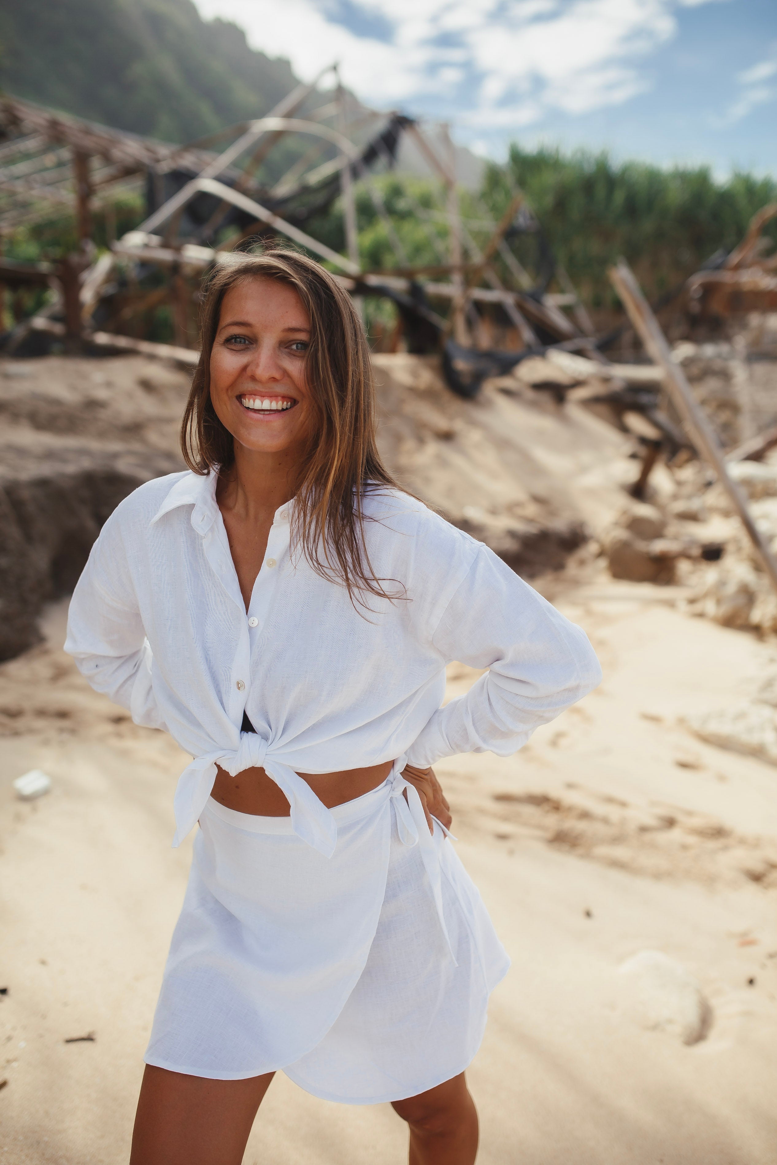 White Linen Shirt and Skirt Set