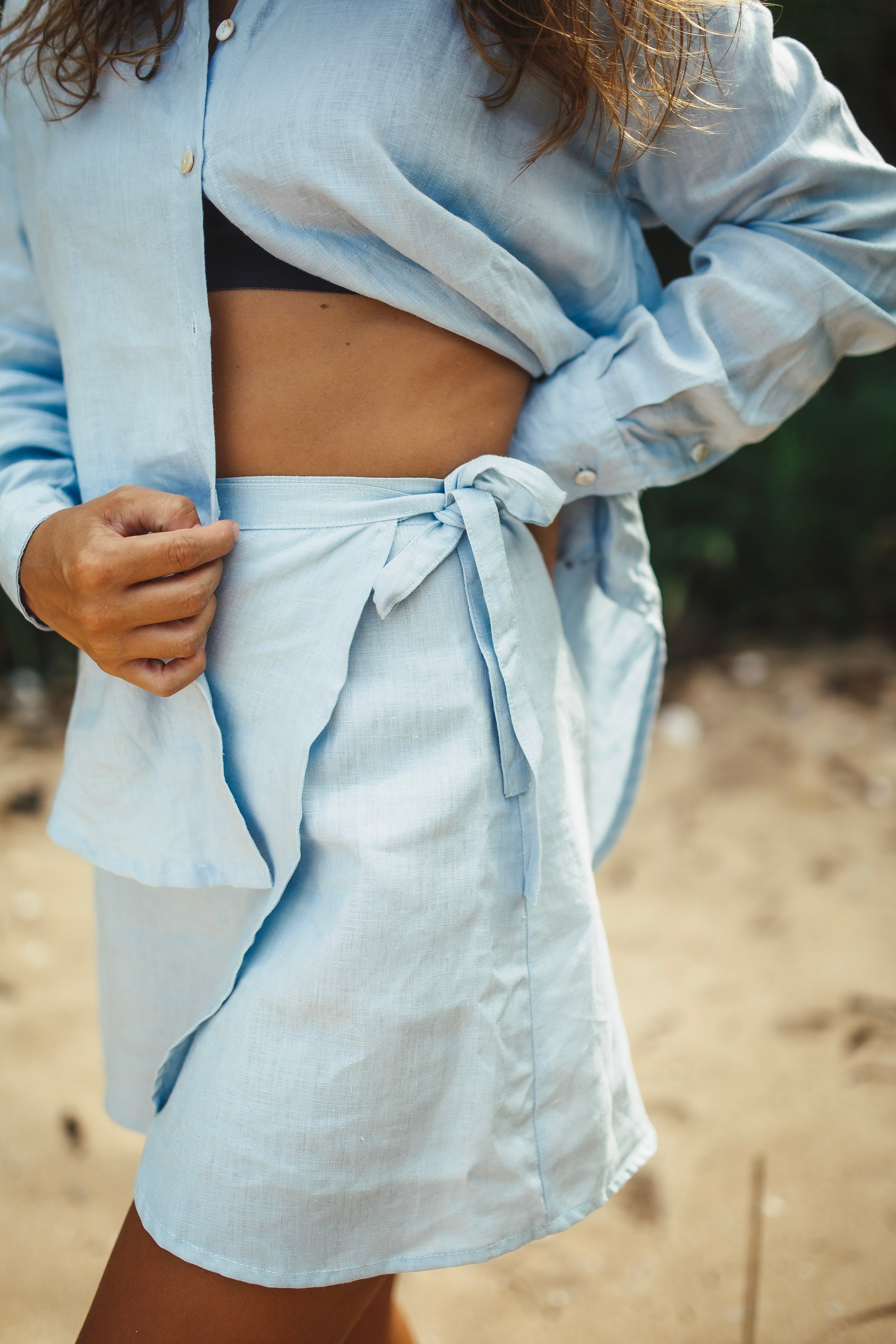 Blue Linen Shirt and Skirt Set