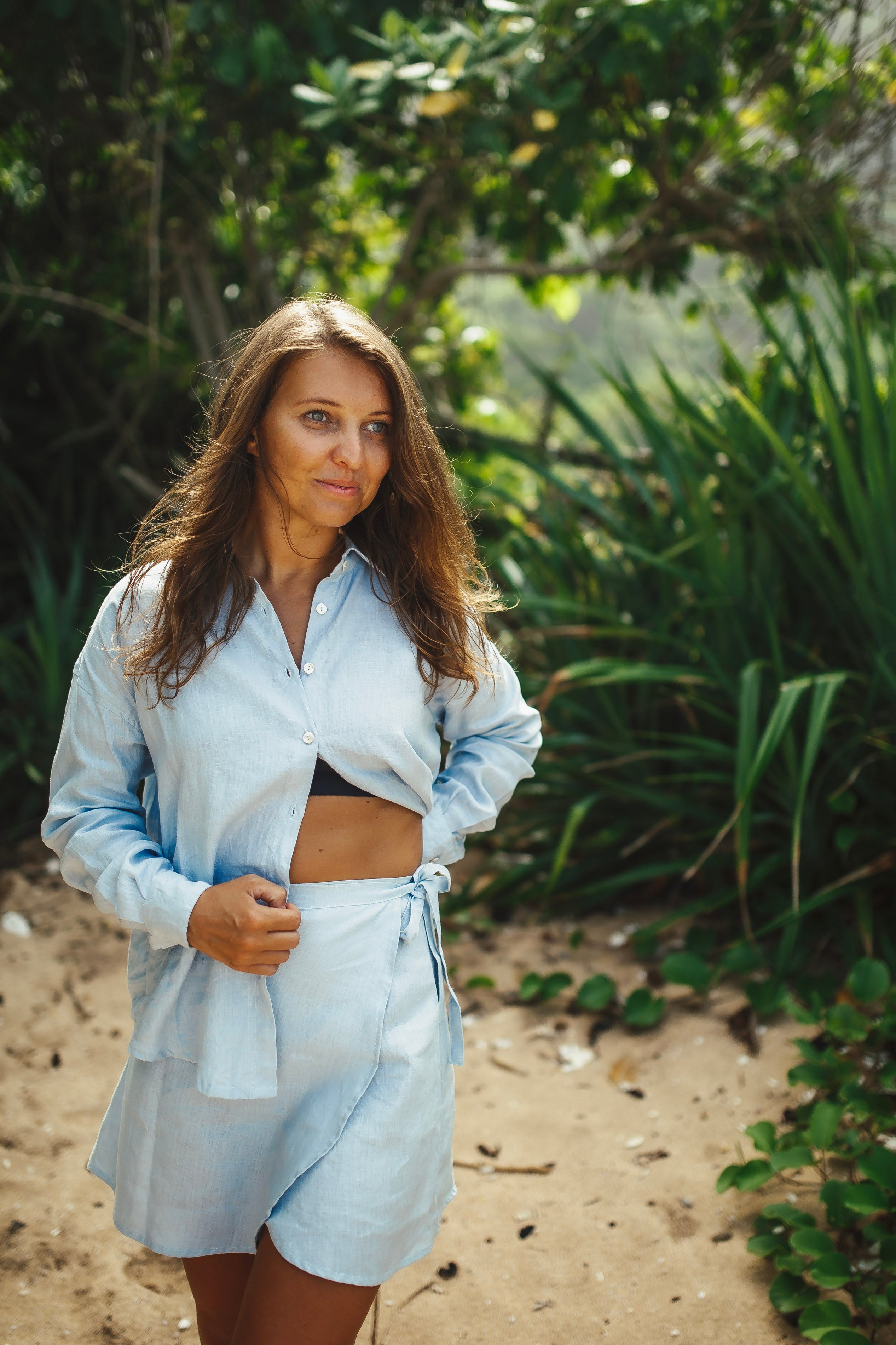Blue Linen Shirt and Skirt Set