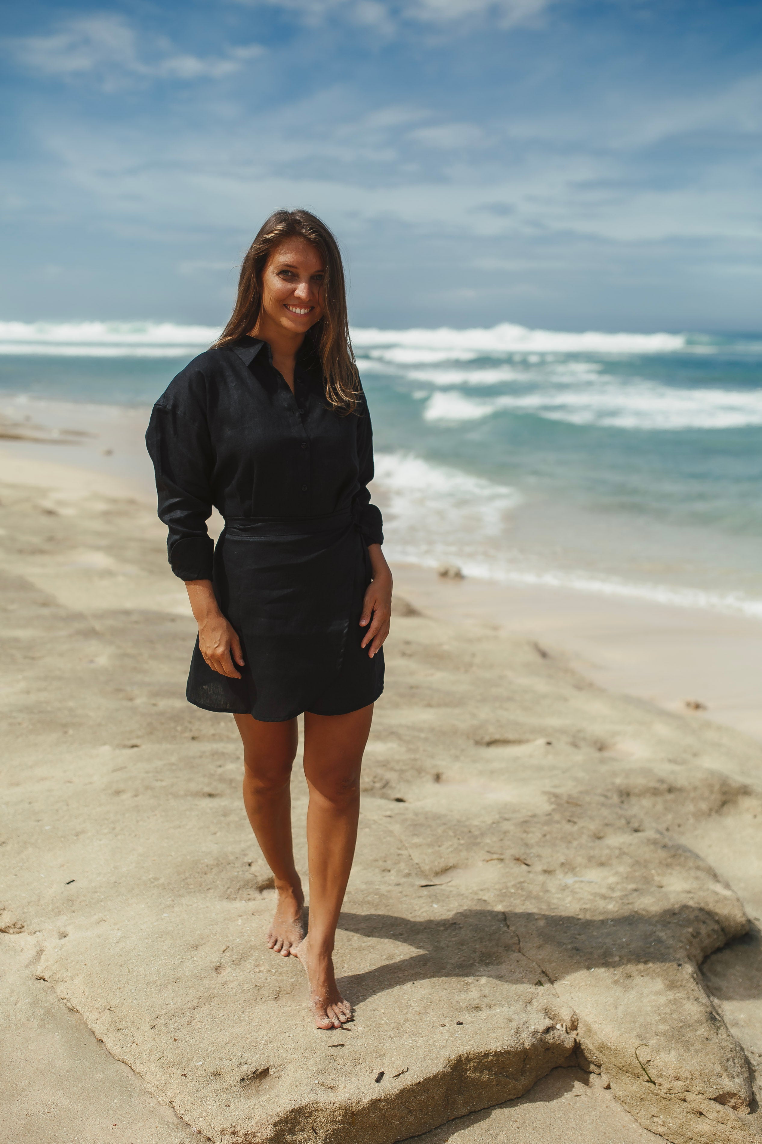 Black Linen Shirt and Skirt Set